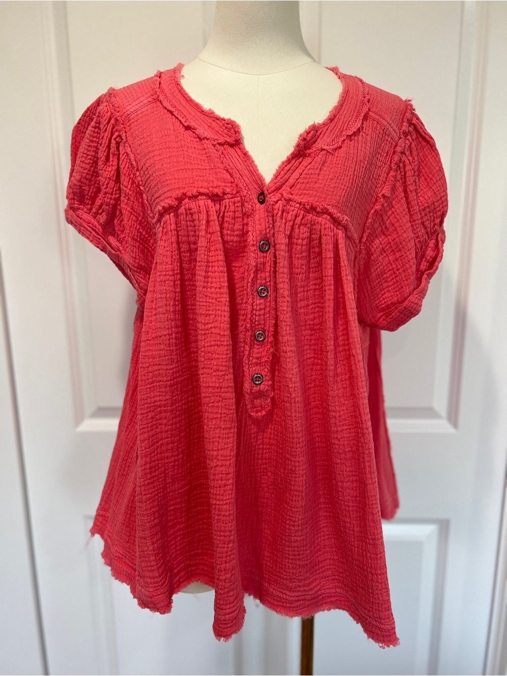 We The Free Horizons Washed Gauze Button-Front Peasant Top in Coral Pink - Picture 3 of 7